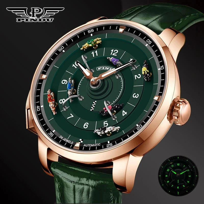 PINDU PD6652 Horse Racing watch detail with rose gold case, green racing dial and green leather strap with lume inset