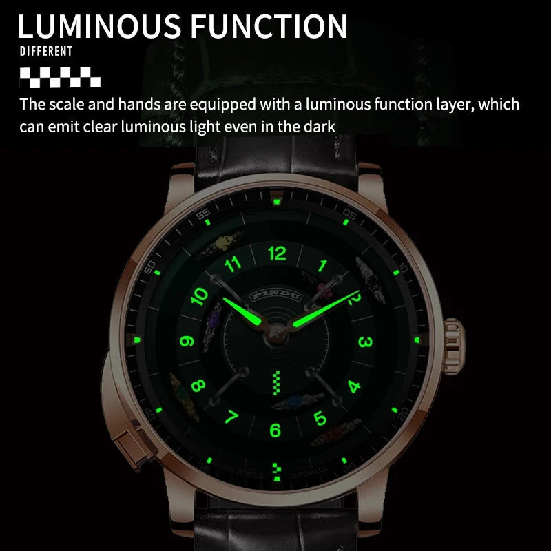 PINDU PD6652 Horse Racing watch luminous function feature graphic showing glowing scale and hands in the dark