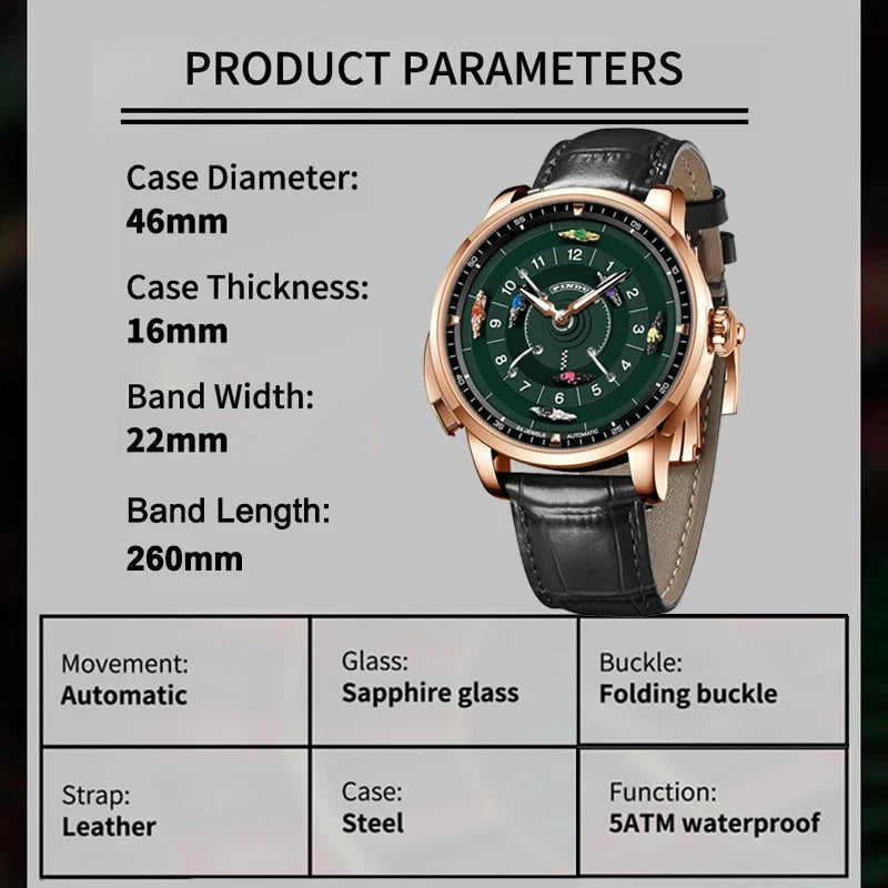 PINDU PD6652 Horse Racing watch product parameters with case 46mm, sapphire glass and 5ATM specifications