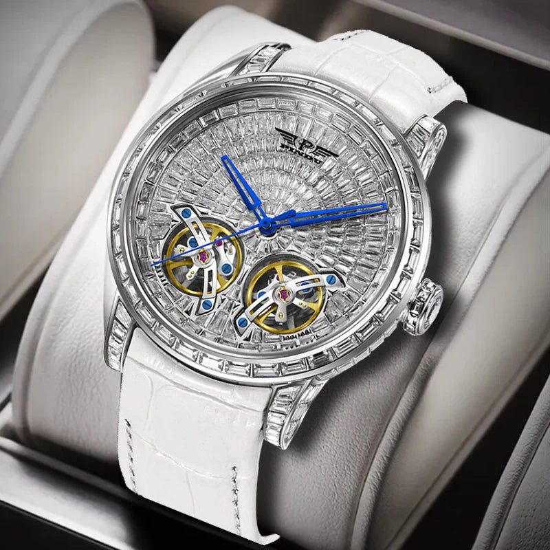 PINDU PD6656 silver diamond dial resting on grey padding, white leather strap