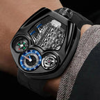 PINDU PD6658 Engine Series men's watch with engine block dial and black rubber strap on wrist
