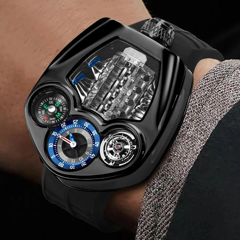PINDU PD6658 Engine Series men's watch with engine block dial and black rubber strap on wrist