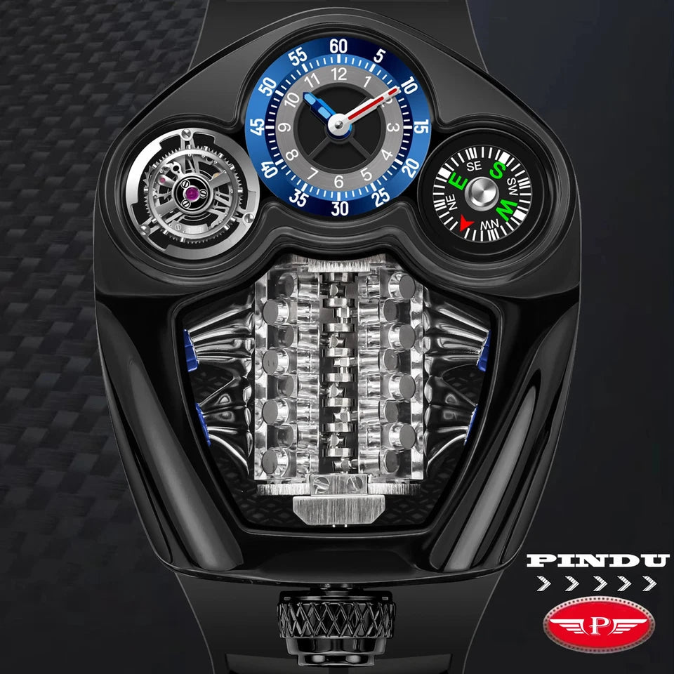 PINDU PD6658 Engine watch dial detail with blue tachymeter, tourbillon, compass and engine block