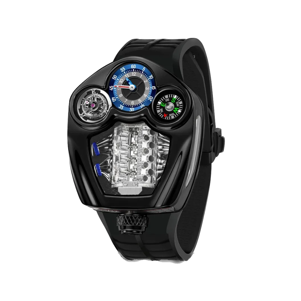PINDU PD6658 Engine series quartz watch black case and black silicone strap, front view