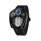 PINDU PD6658 Engine series quartz watch black case and black silicone strap, front view