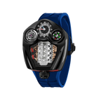 PINDU PD6658 Engine series quartz watch with black case and blue silicone strap, front
