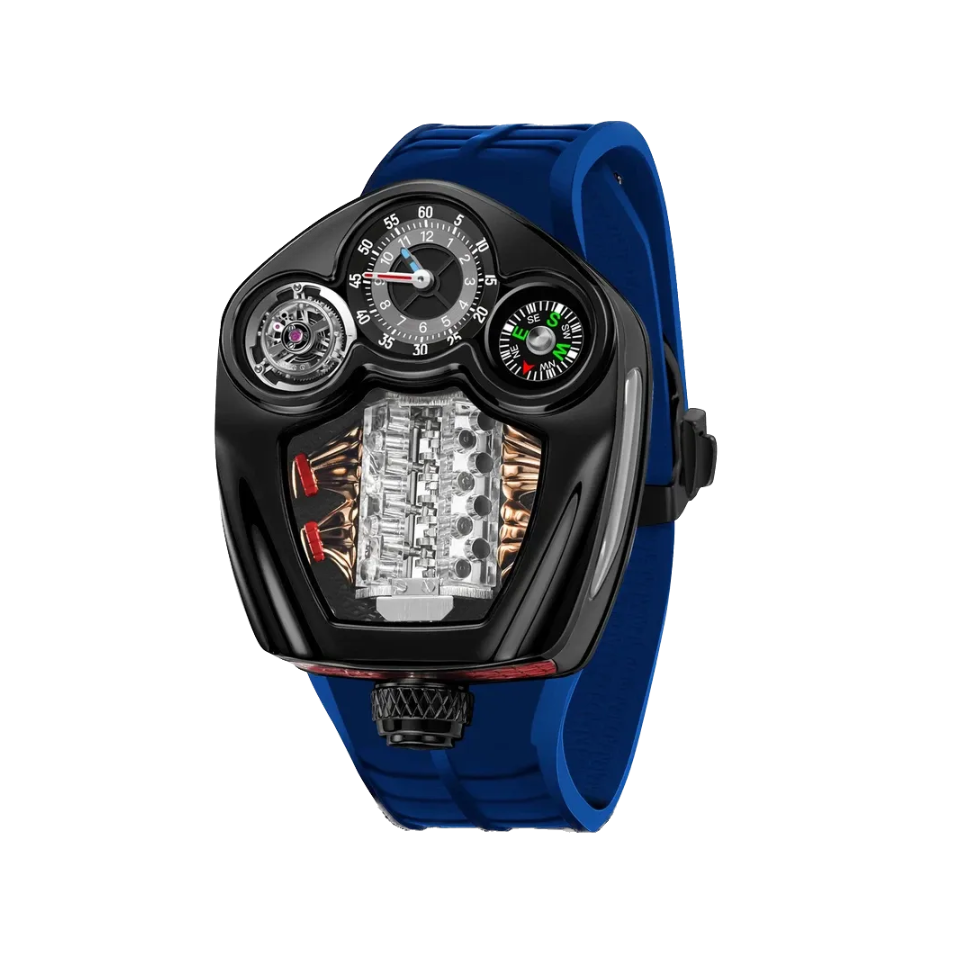 PINDU PD6658 Engine series quartz watch with black case and blue silicone strap, front