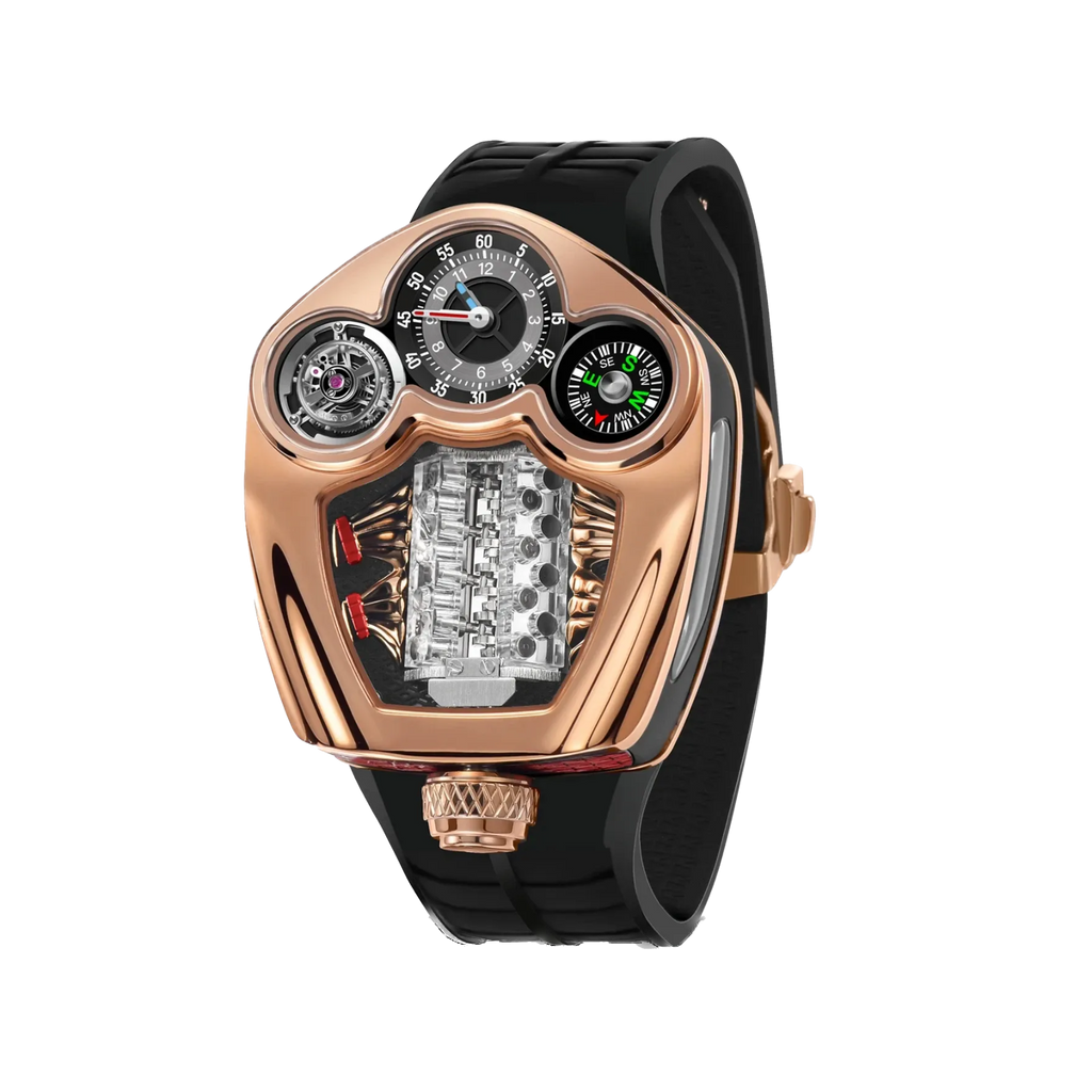 PINDU PD6658 Engine series quartz with rose gold case, black silicone strap, front view