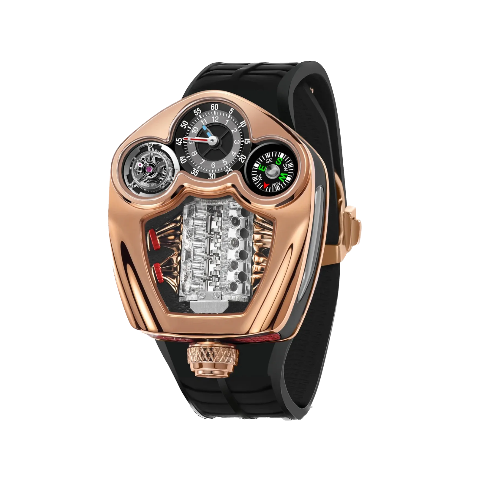 PINDU PD6658 Engine series quartz with rose gold case, black silicone strap, front view