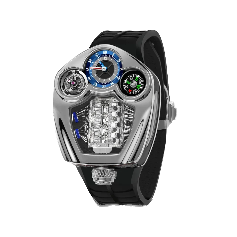 PINDU PD6658 Engine series quartz with silver case, black silicone strap, blue compass dial