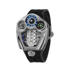 PINDU PD6658 Engine series quartz with silver case, black silicone strap, blue compass dial