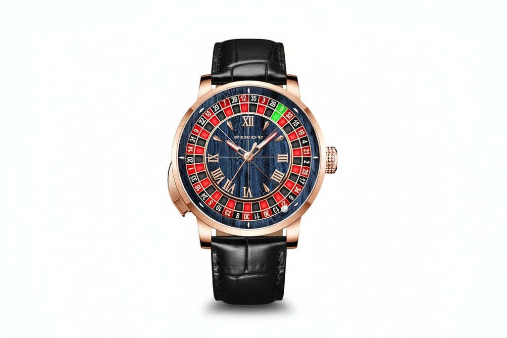 PINDU PD6663 mechanical roulette watch blue dial Roman numerals black strap front