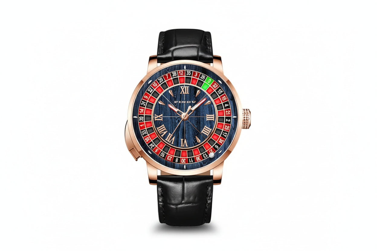 PINDU PD6663 mechanical roulette watch blue dial Roman numerals black strap front