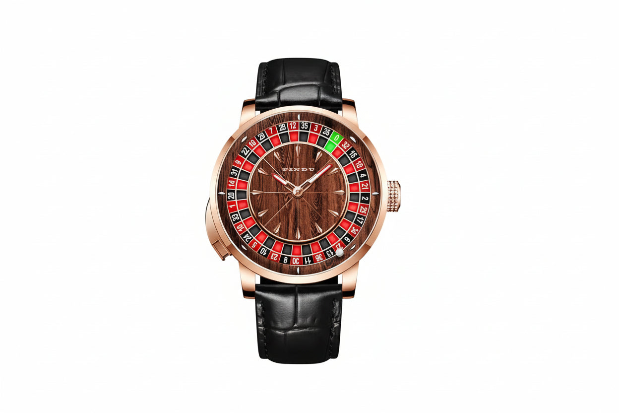 PINDU PD6663 mechanical roulette watch with brown wood dial and black leather strap