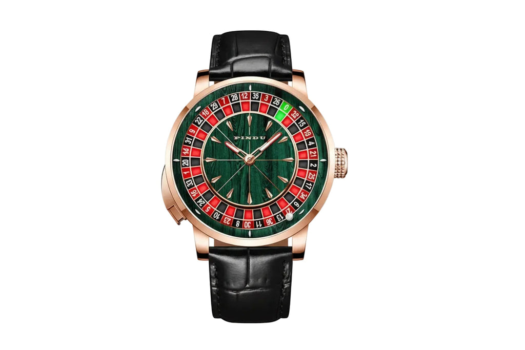 PINDU PD6663 mechanical roulette watch with green dial and black leather strap