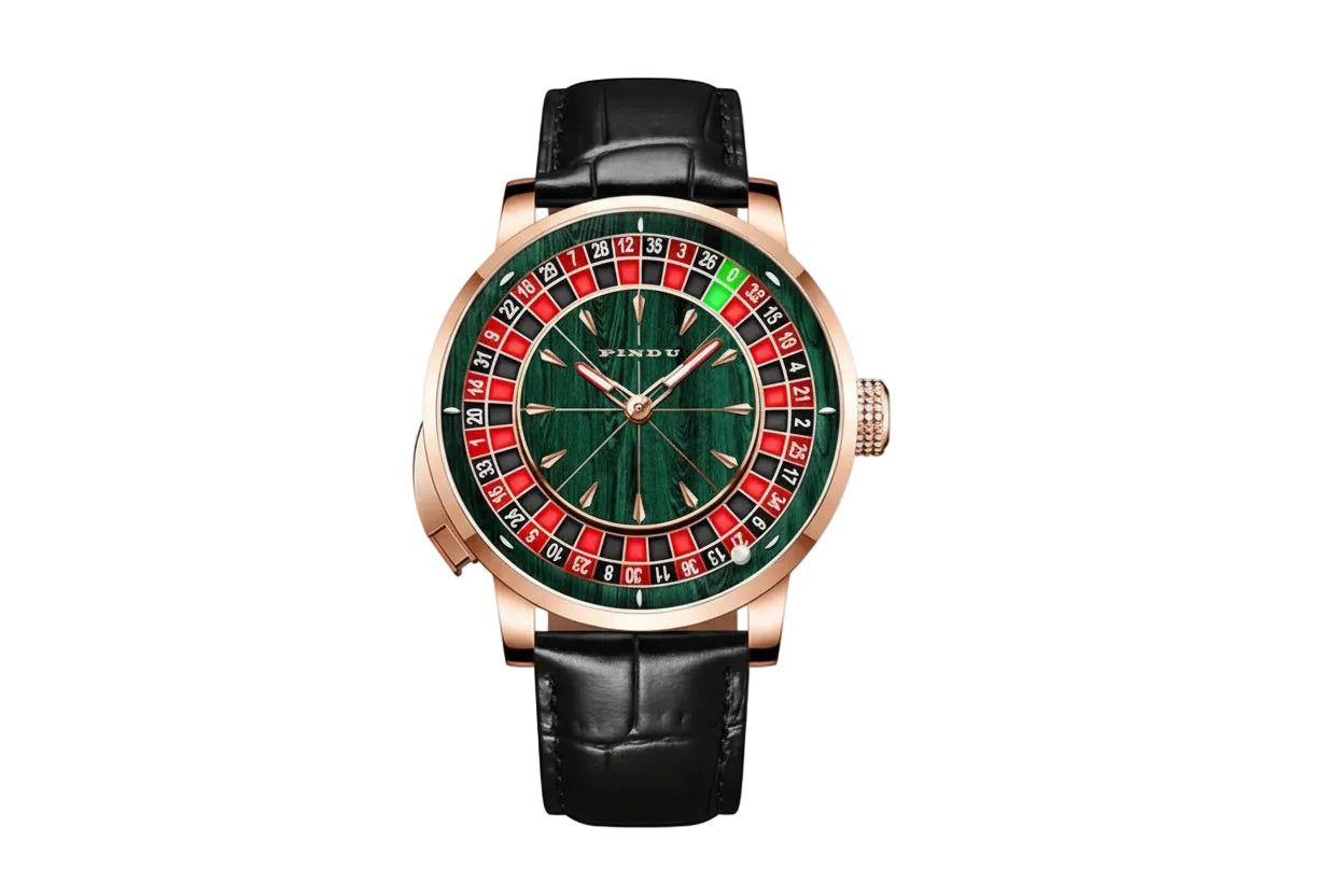 PINDU PD6663 mechanical roulette watch with green dial and black leather strap