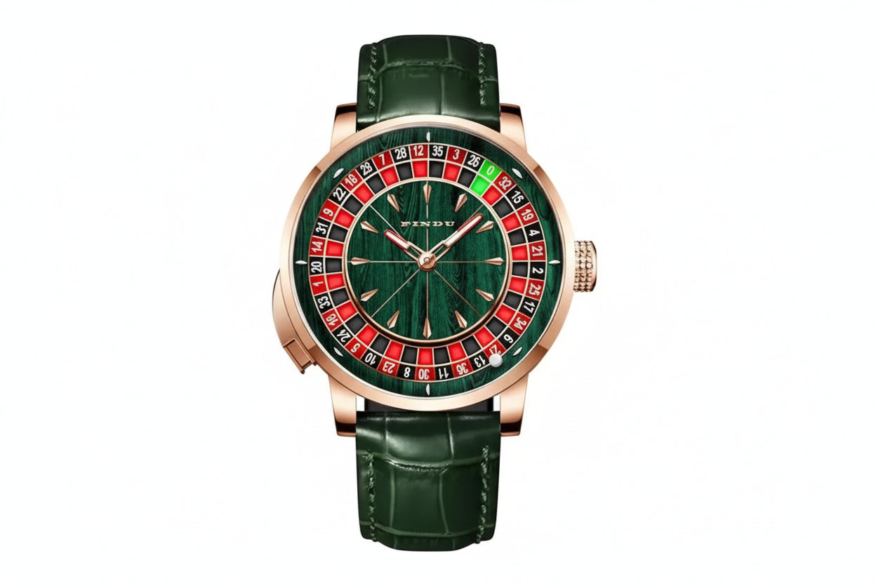 PINDU PD6663 mechanical roulette watch with green wood dial and green leather strap