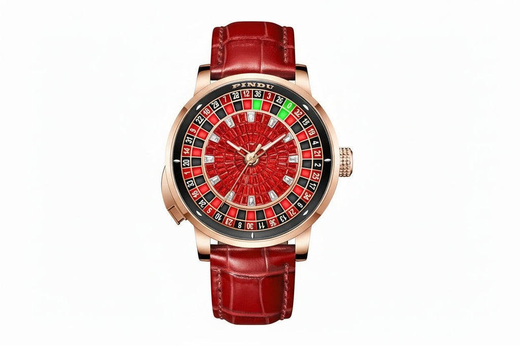 PINDU PD6663 mechanical roulette watch with red dial and red leather strap, front view