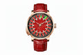 PINDU PD6663 mechanical roulette watch with red dial and red leather strap, front view