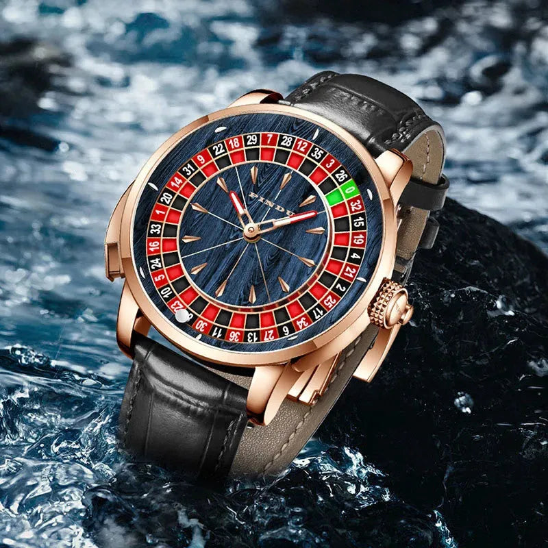 PINDU PD6663 wood grain roulette mechanical watch with rose gold case, blue dial and black leather strap, front view