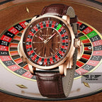 PINDU PD6663 wood grain roulette mechanical watch with rose gold case, brown dial and brown leather strap, front view