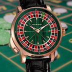 PINDU PD6663 wood grain roulette mechanical watch with rose gold case, green dial and black leather strap, front view