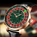 PINDU PD6663 wood grain roulette mechanical watch with rose gold case, green dial and black leather strap, front view