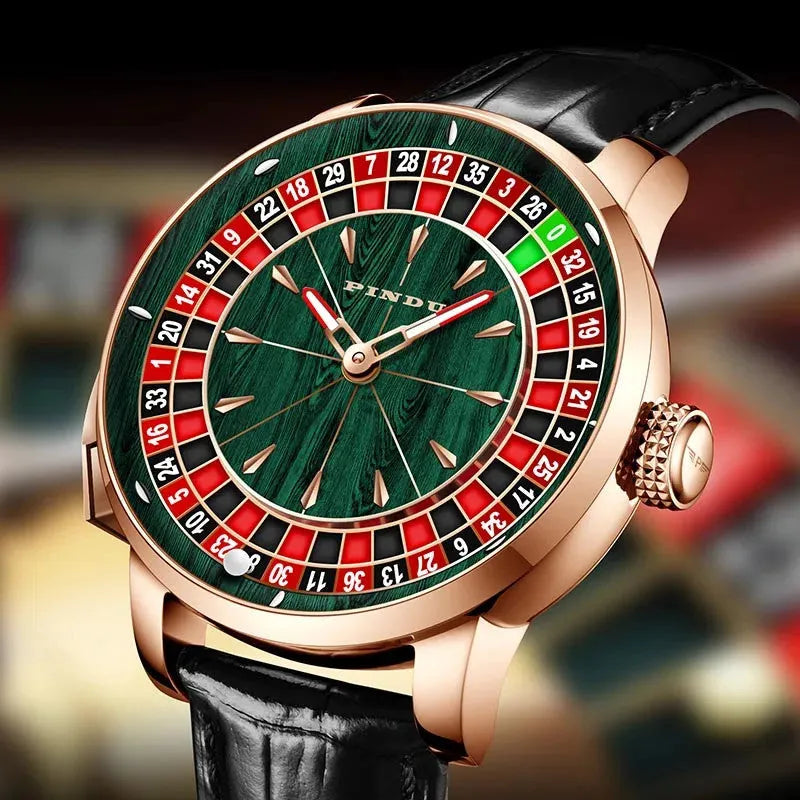 PINDU PD6663 wood grain roulette mechanical watch with rose gold case, green dial and black leather strap, front view