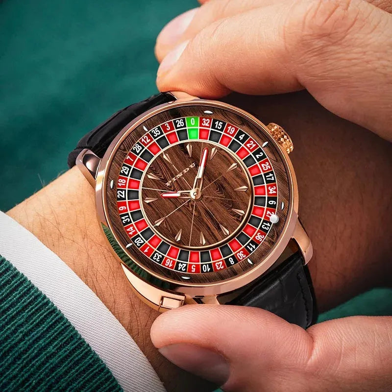PINDU PD6663 wood grain roulette mechanical watch with rose gold case and black leather strap on wrist