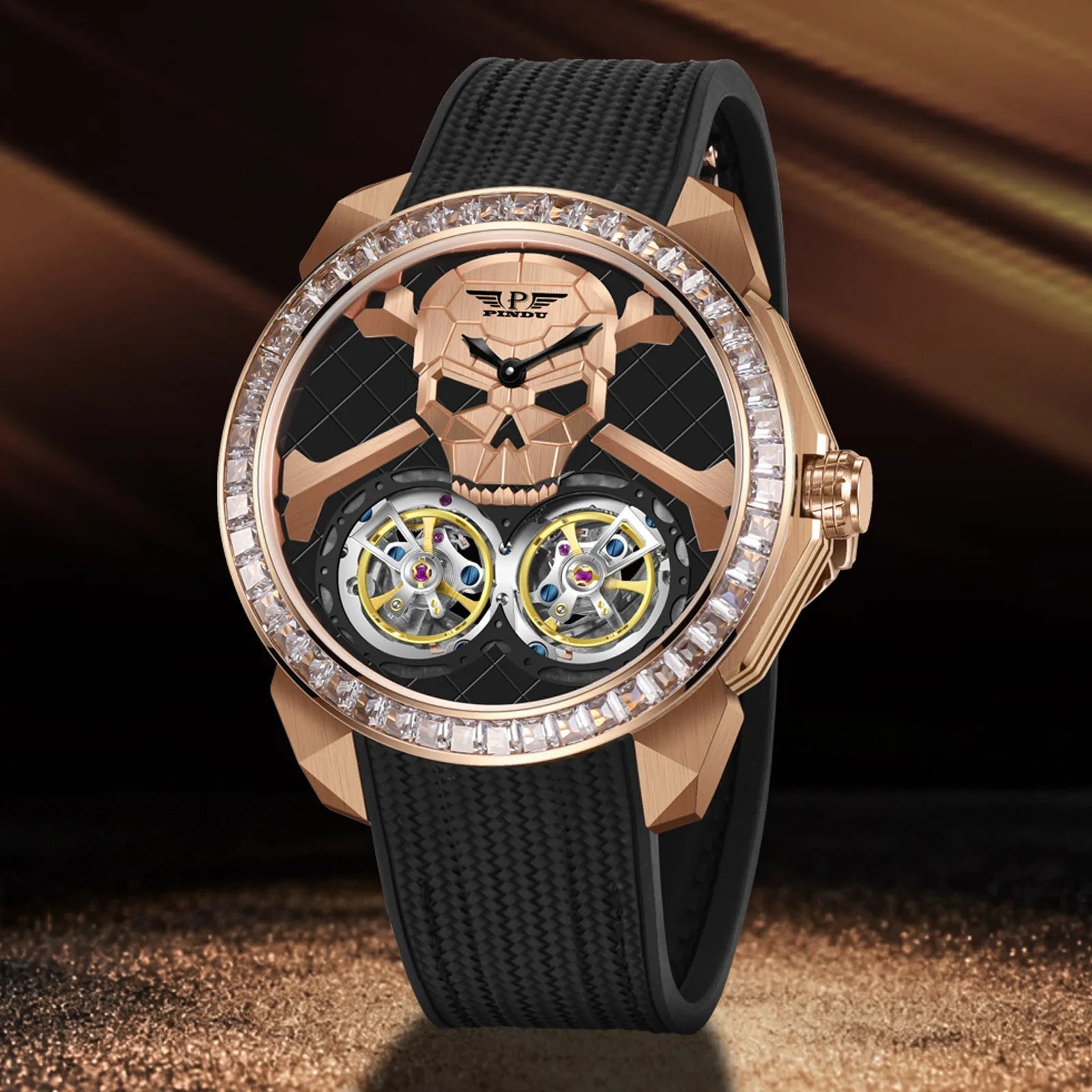 PINDU PD6666 Ghost Head double tourbillon silver case skull dial black silicone front