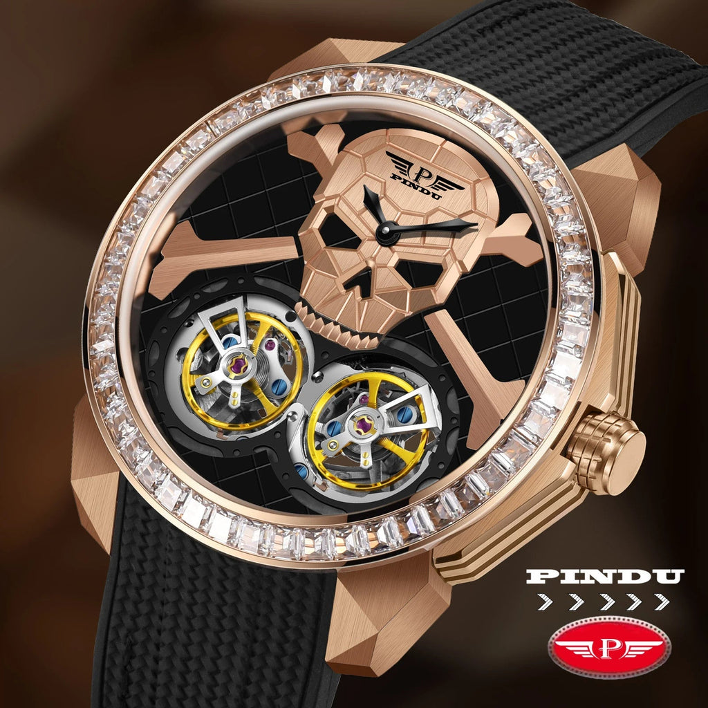 PINDU PD6666 Ghost Head skull double tourbillon rose gold diamond bezel front view