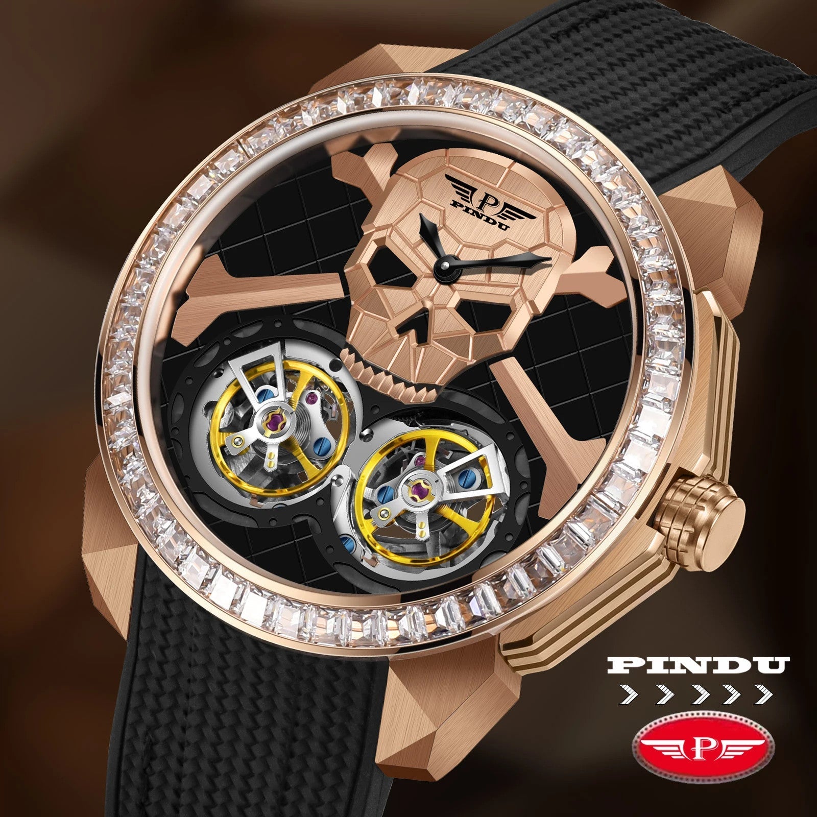 PINDU PD6666 Ghost Head skull double tourbillon rose gold diamond bezel front view