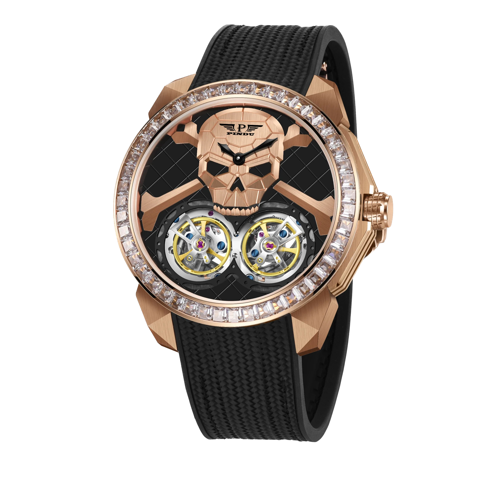 PINDU PD6666 Ghost Head double tourbillon rose gold diamond bezel skull dial front