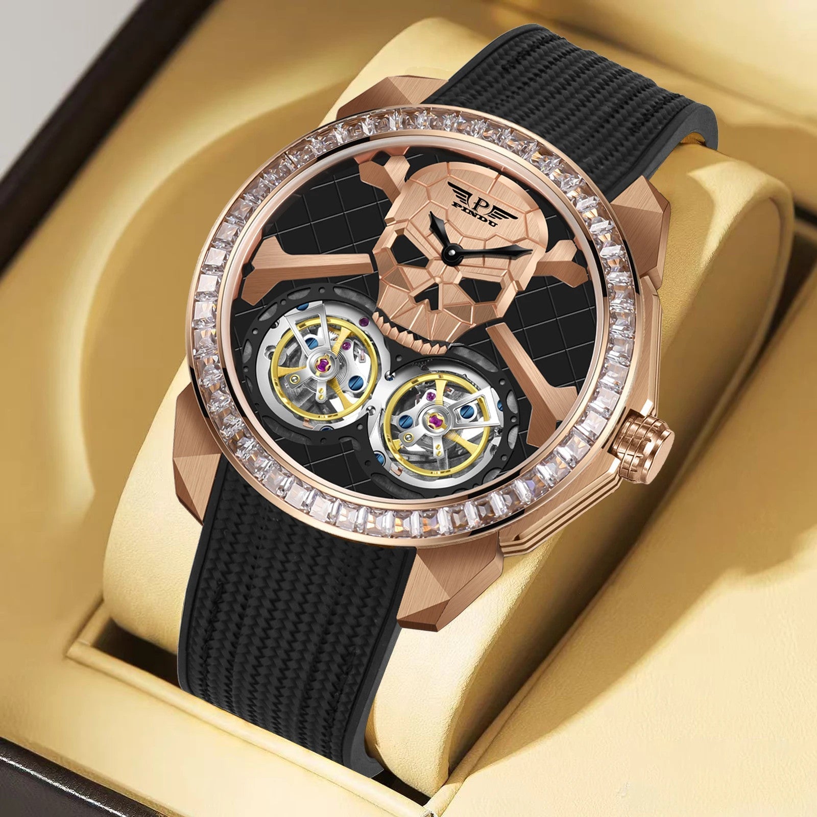 PINDU PD6666 Ghost Head skull tourbillon rose gold diamond bezel in display box lifestyle