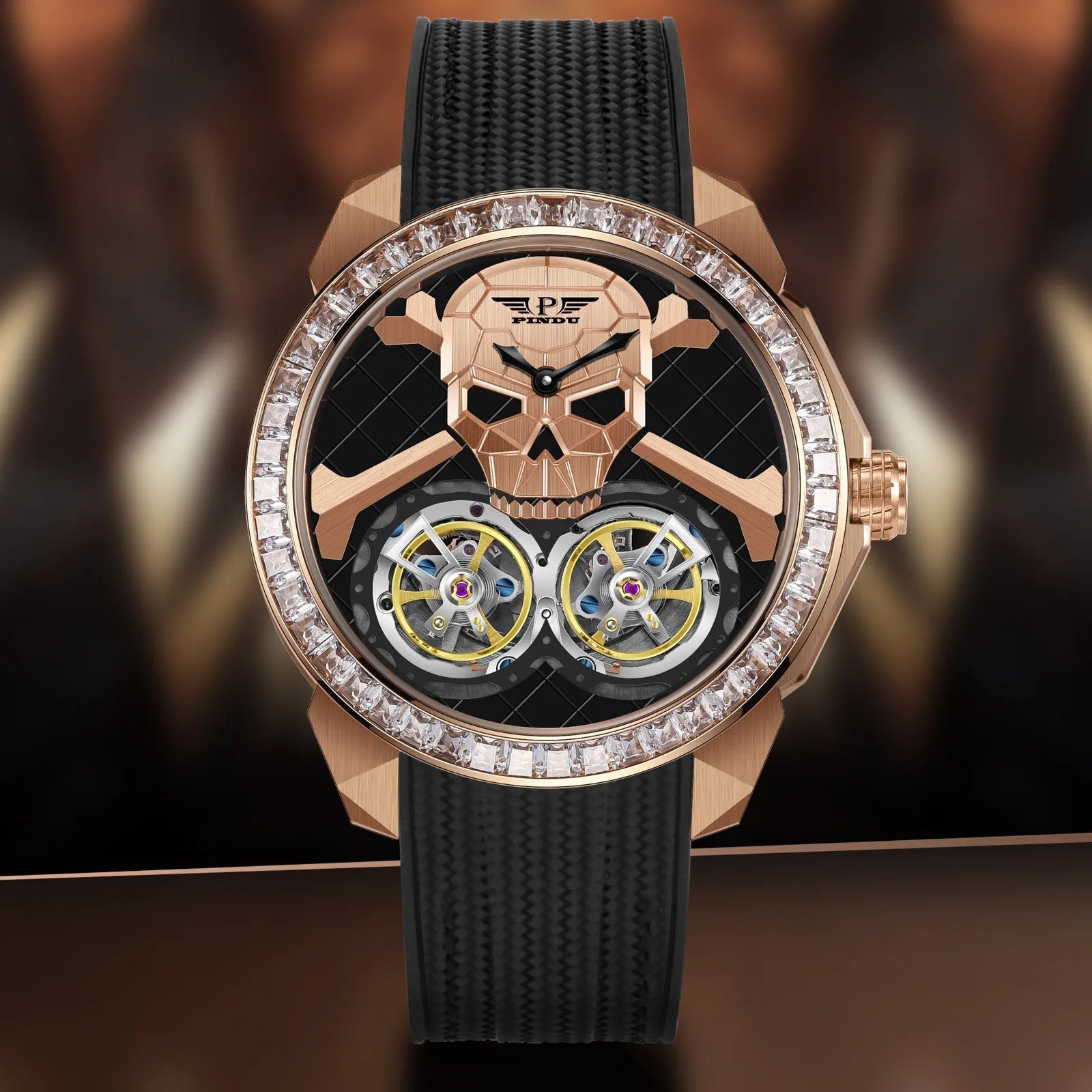 PINDU PD6666 Ghost Head skull double tourbillon rose gold diamond bezel front lifestyle