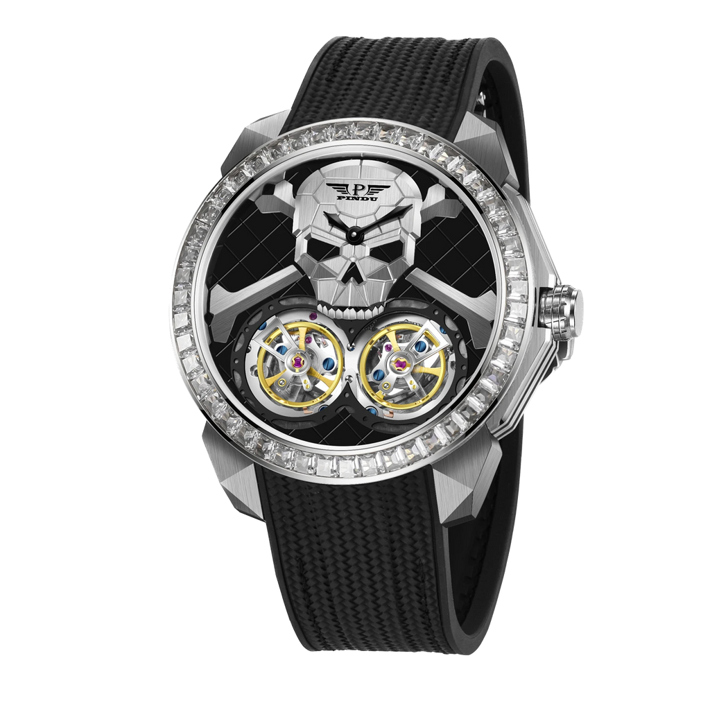 PINDU PD6666 Ghost Head double tourbillon silver case skull and crossbones dial front