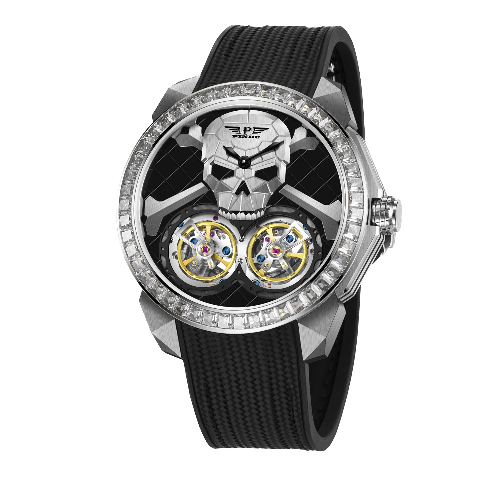 PINDU PD6666 Ghost Head double tourbillon silver case skull and crossbones dial front