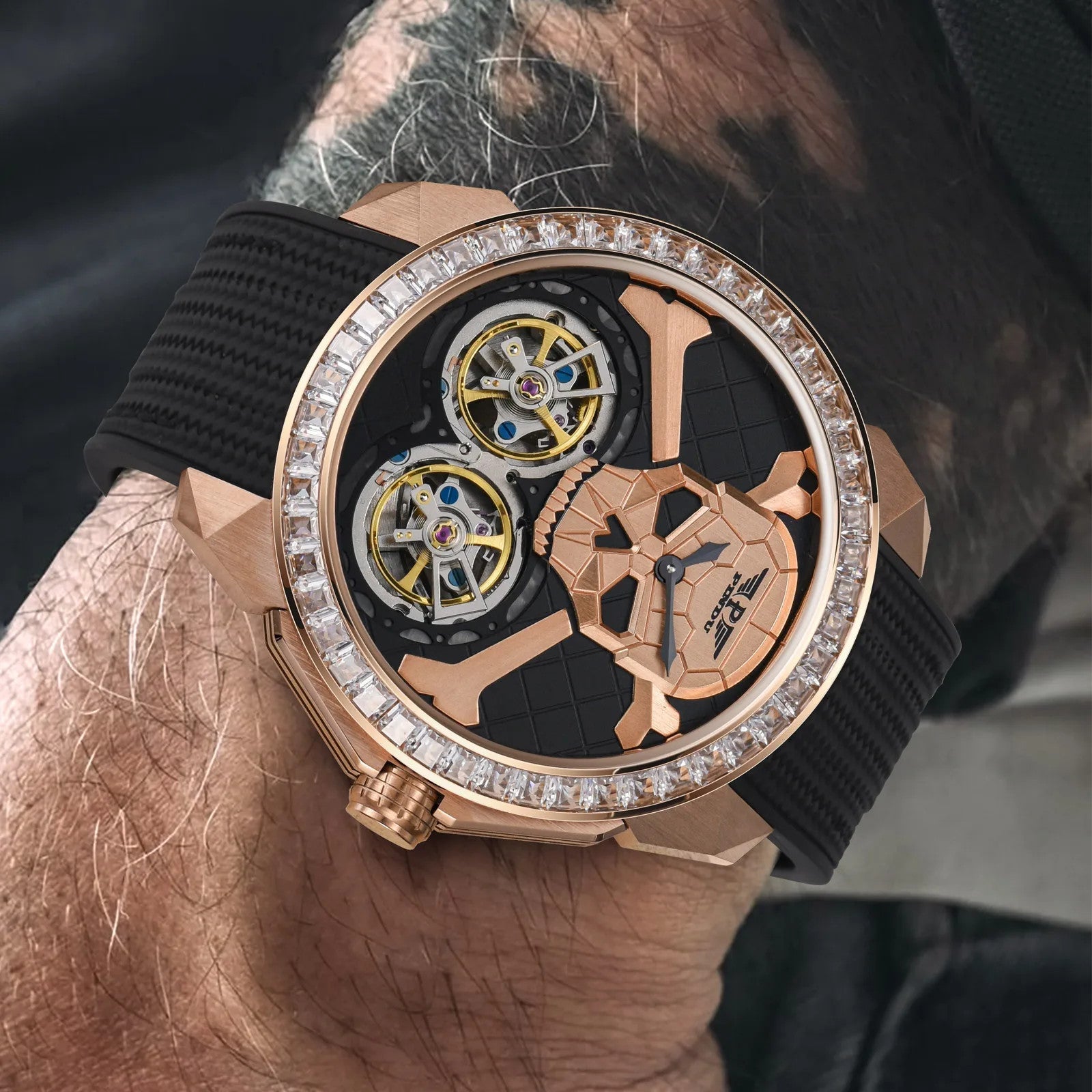 PINDU PD6666 skull dial double tourbillon watch tilted view on wrist with rose gold case