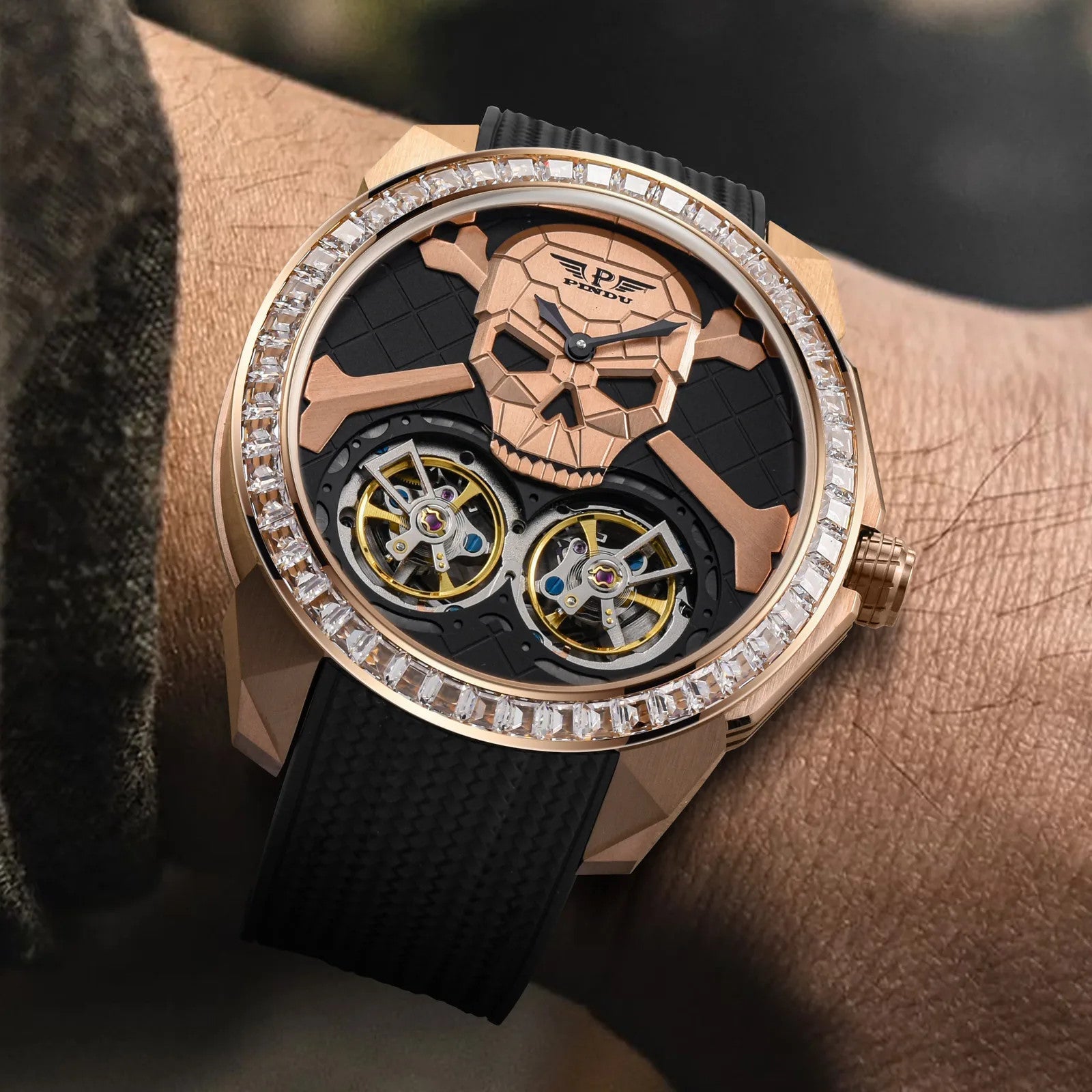 PINDU PD6666 Double Flying Wheel skull dial watch with rose gold case on wrist