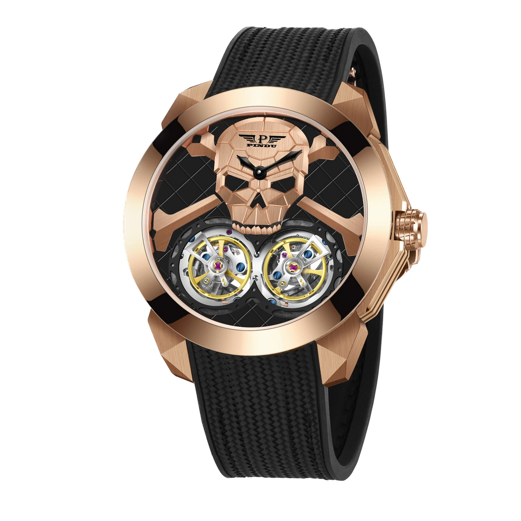 PINDU PD6666 Ghost Head double tourbillon with rose gold skull dial on black silicone, front