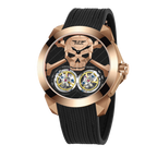 PINDU PD6666 Ghost Head double tourbillon with rose gold skull dial on black silicone, front