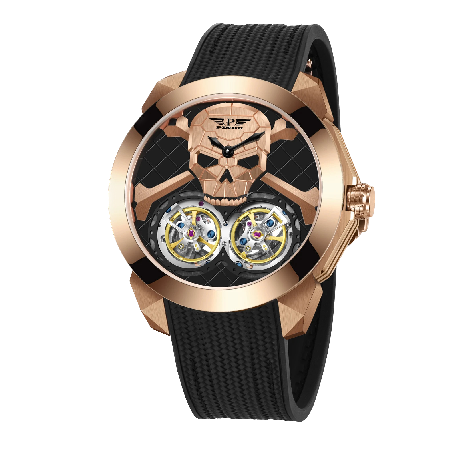 PINDU PD6666 Ghost Head double tourbillon with rose gold skull dial on black silicone, front
