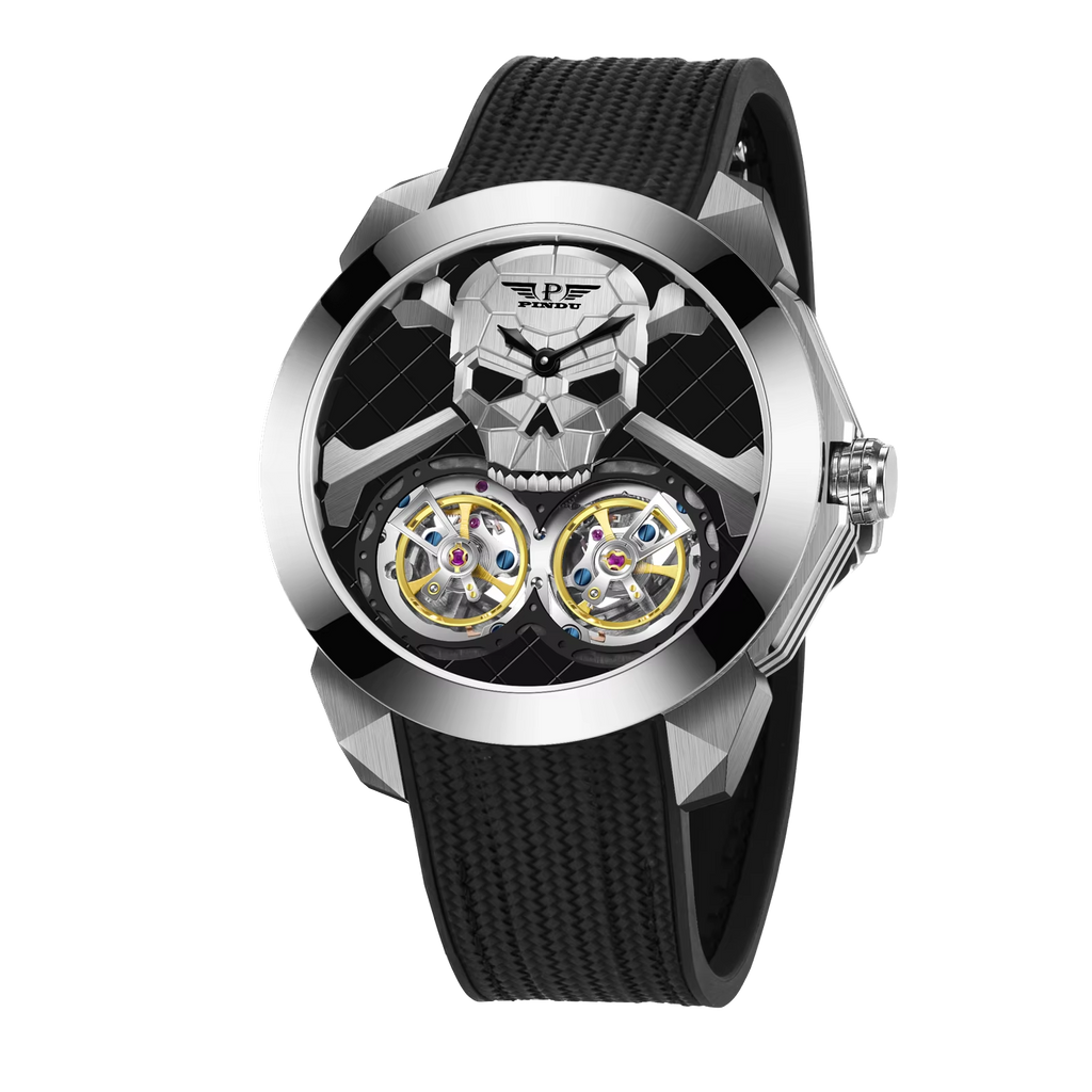 PINDU PD6666 Ghost Head double tourbillon silver case diamond bezel skull dial front
