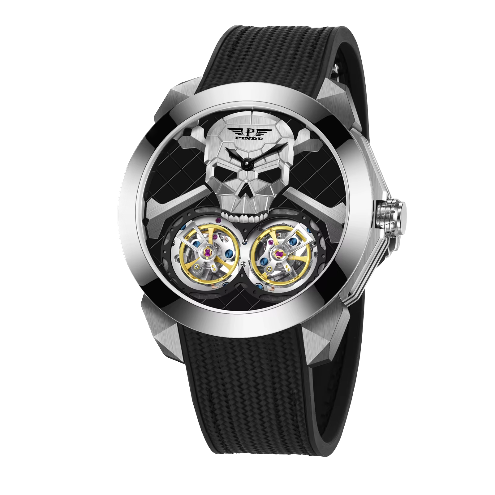 PINDU PD6666 Ghost Head double tourbillon silver case diamond bezel skull dial front