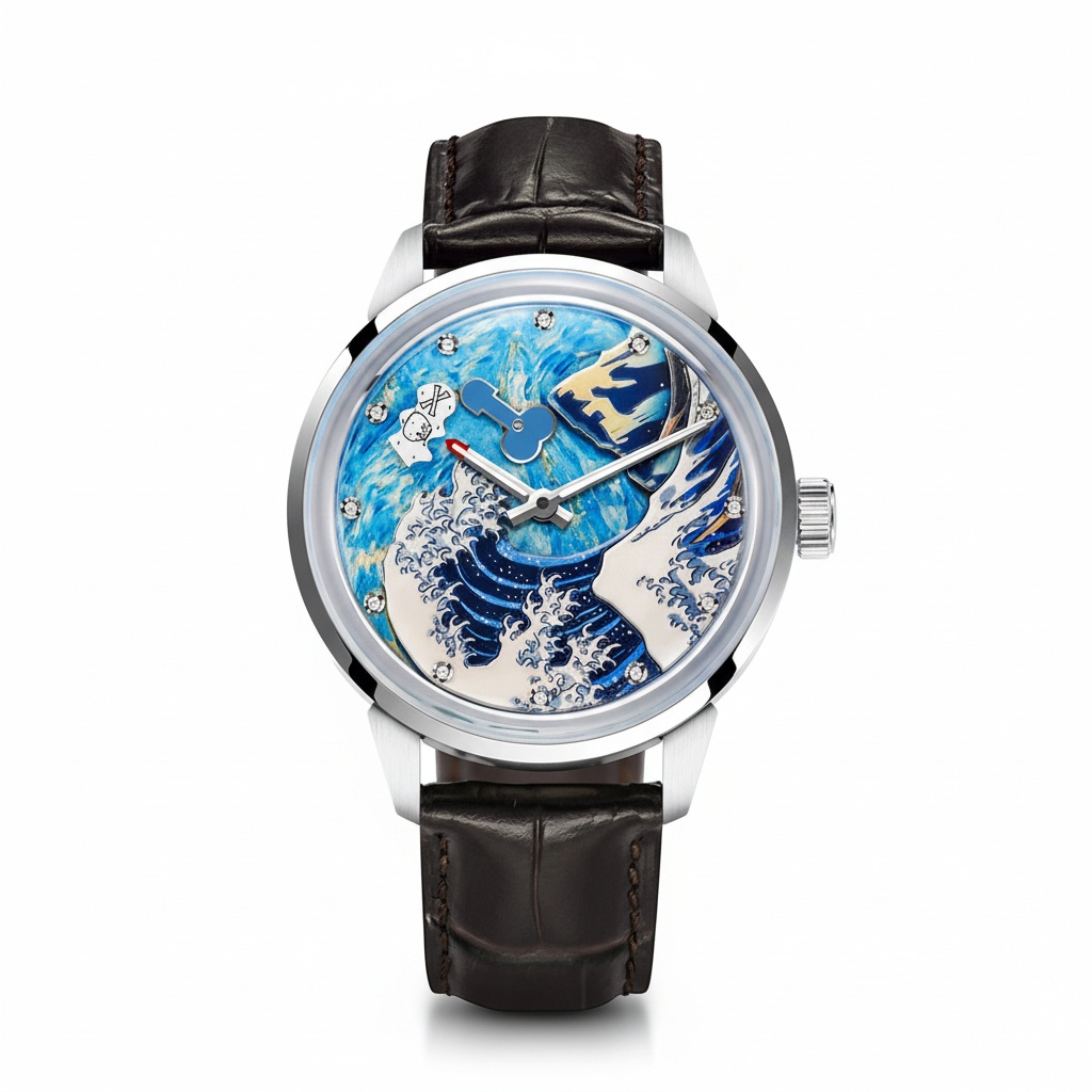 PINDU PD6668 Wave dial automatic silver case blue wave dial with black leather strap