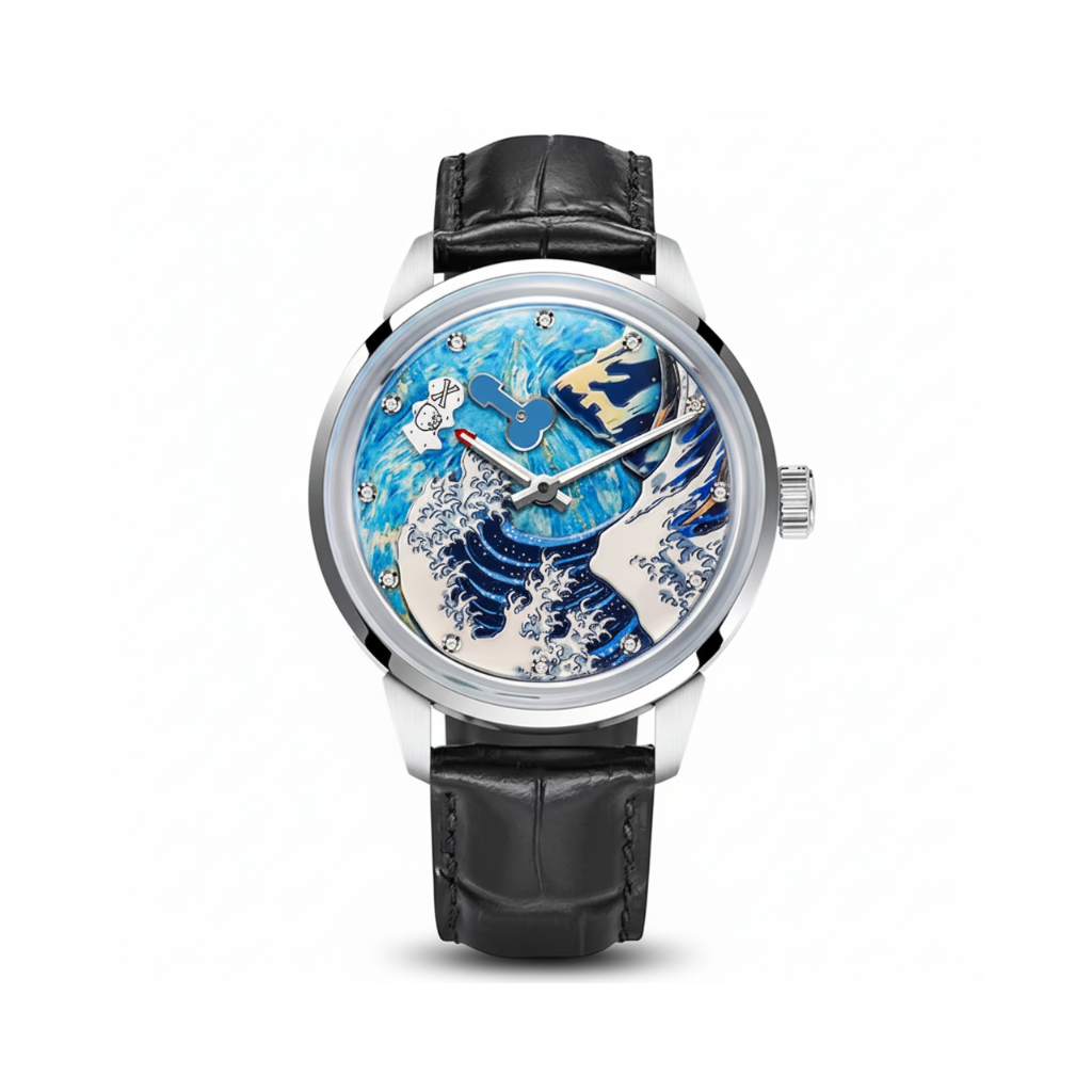 PINDU PD6668 Wave Dial automatic with blue wave dial, silver case and black leather, front