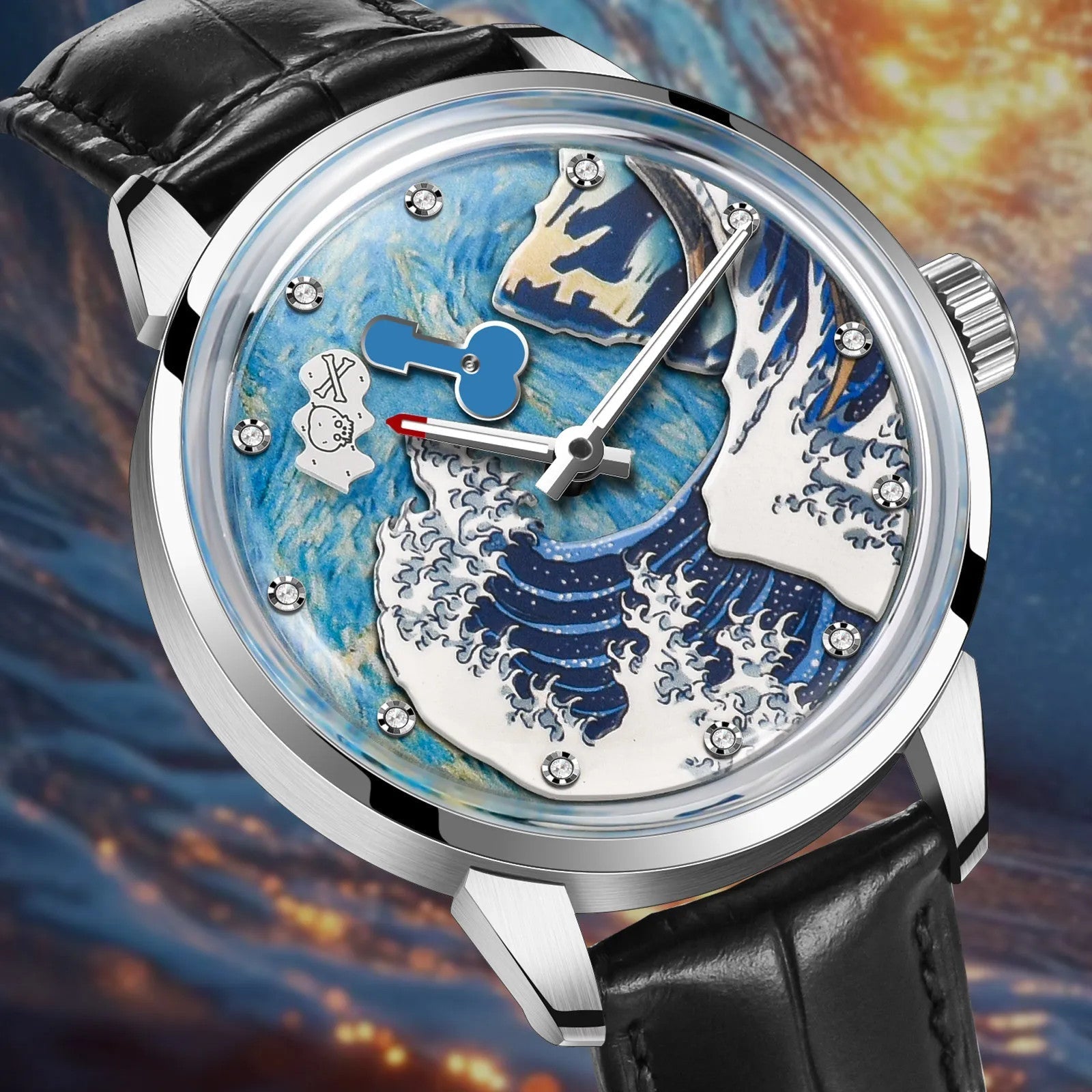 PINDU PD6668 Wave dial automatic silver case blue wave dial in artistic lifestyle scene