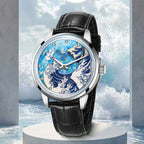PINDU PD6668 Wave dial silver blue wave dial on pedestal with crashing wave background