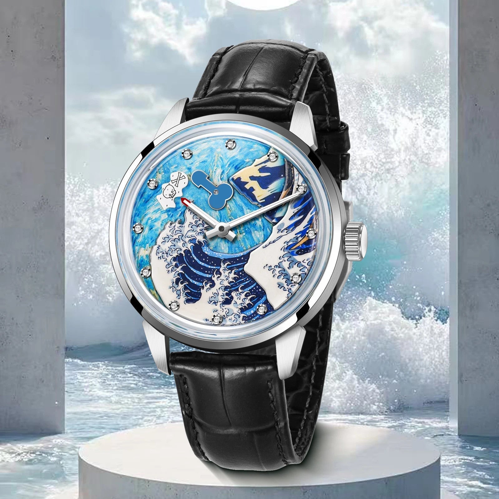 PINDU PD6668 Wave dial silver blue wave dial on pedestal with crashing wave background