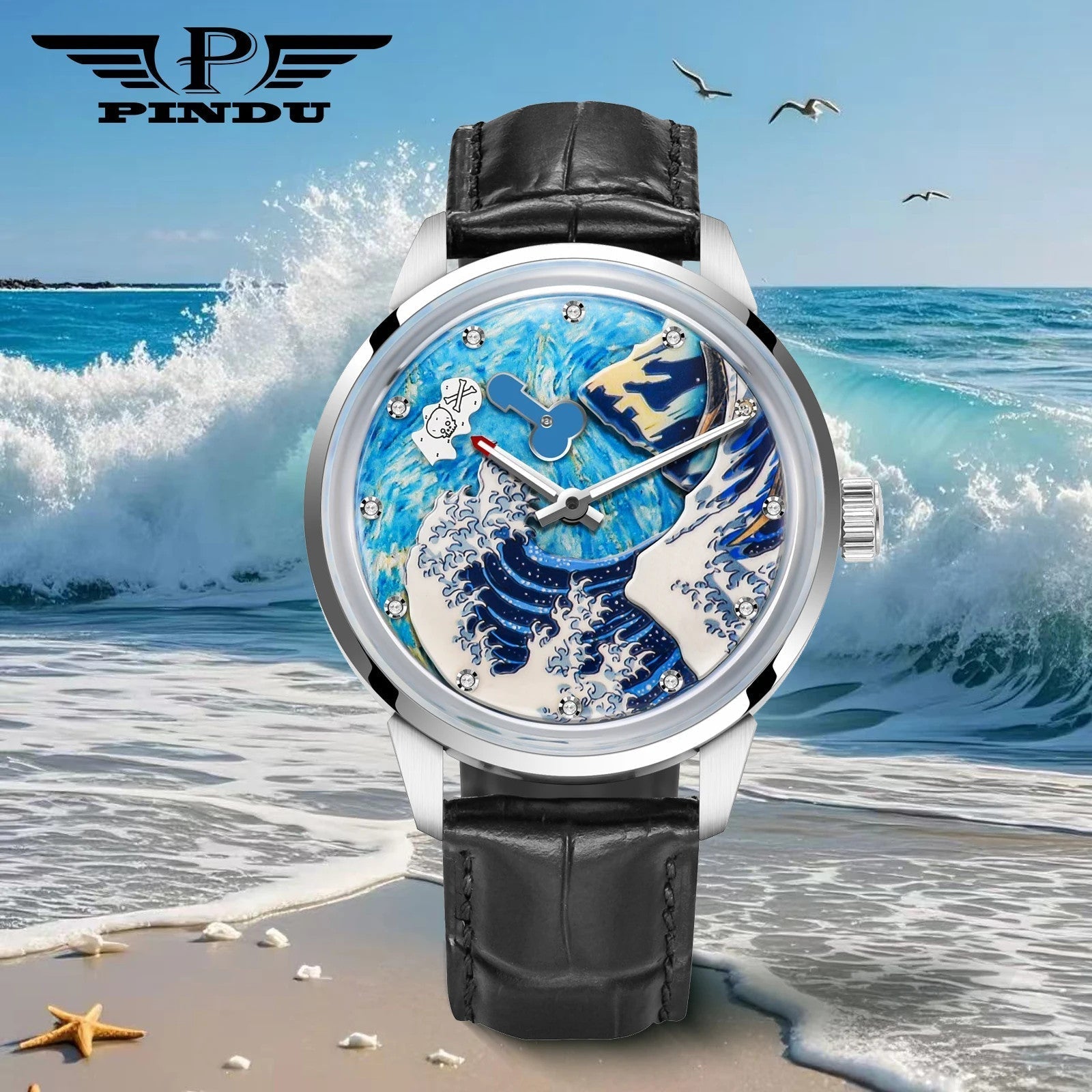 PINDU PD6668 Wave Dial automatic watch with blue ocean dial and black leather strap